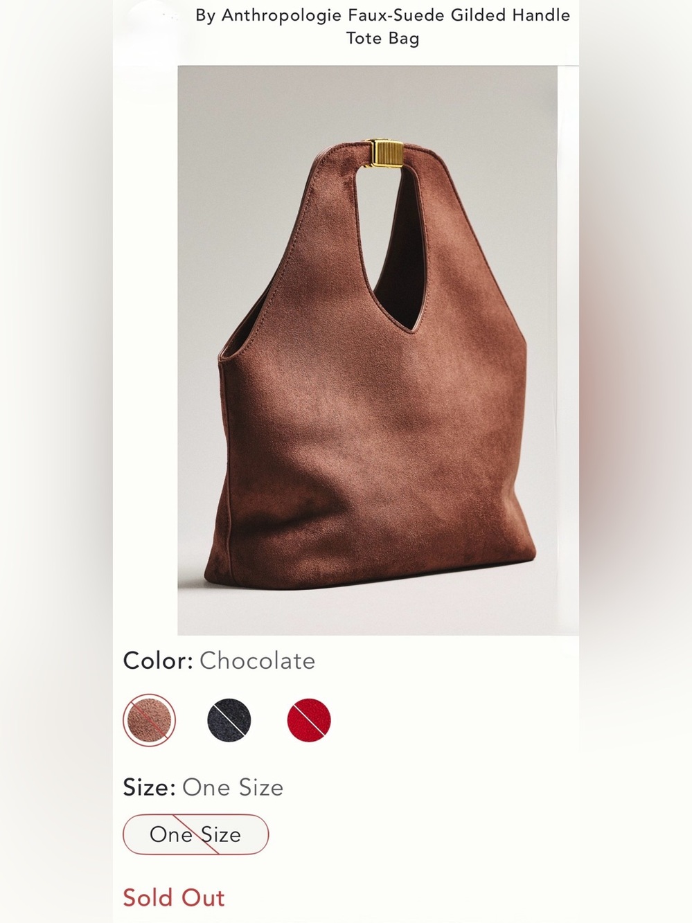 Anthropologie Faux-Suede Gilded Handle Tote Bag — Chocolate NWT